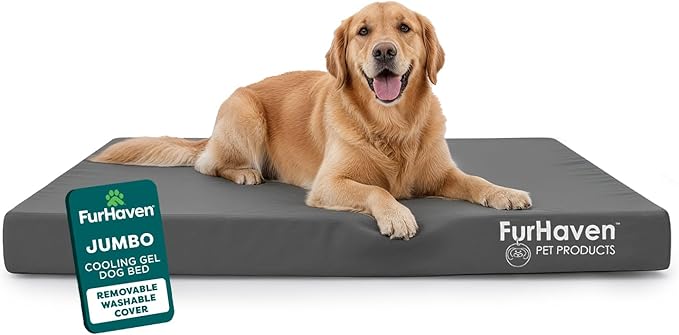 FurHaven Water-Resistant Orthopedic Dog Bed for Large Dogs, Oxford Polycanvas Mattress with Orthopedic Solid Slab Foam for Joint Support, Removable Washable Cover, Jumbo XL, Stone Gray
