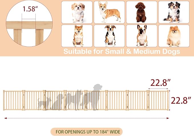 Wooden Freestanding Dog Gate Indoor, 23" H Wood Dog Gates with Door Walk Through, No-Painted Folding Doggy Gate for Doorway, Portable Puppy Fence for Stairs- 8 Panels
