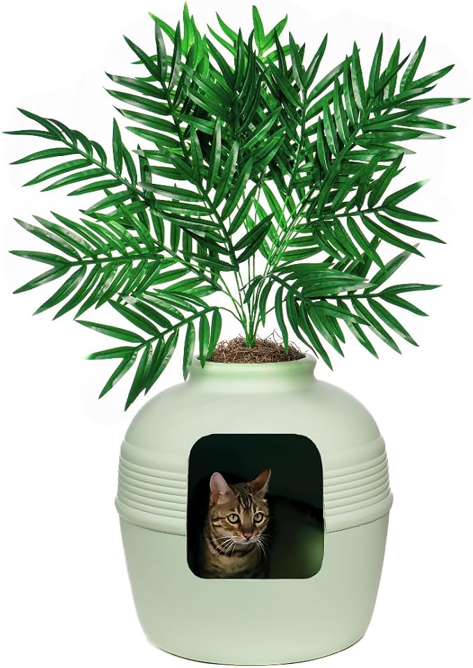 Good Pet Stuff Original Hidden Litter Box Planter, Decorative Cat Litter Enclosure, Carbon Filter, Faux Plant, Round Design, Easy to Clean, Base Kit, Palm Plant, Mint Green