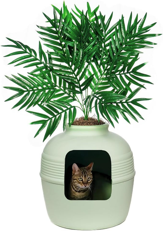 Good Pet Stuff Original Hidden Litter Box Planter, Decorative Cat Litter Enclosure, Carbon Filter, Faux Plant, Round Design, Easy to Clean, Base Kit, Palm Plant, Mint Green