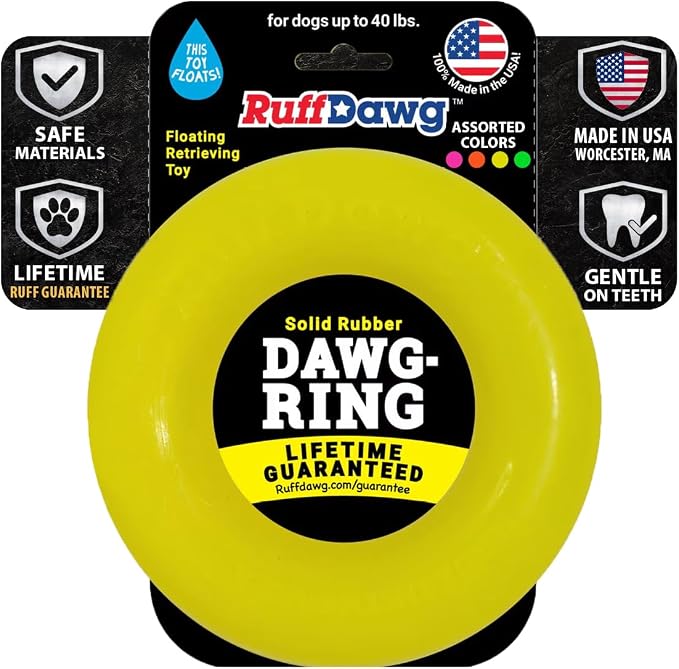Ruff Dawg Indestructible Dawg-Ring Medium 6” Yellow – Heavy-Duty Solid Rubber Tug & Fetch Toy for Dogs Up to 40 lbs – Floats & Bounces – Made in USA