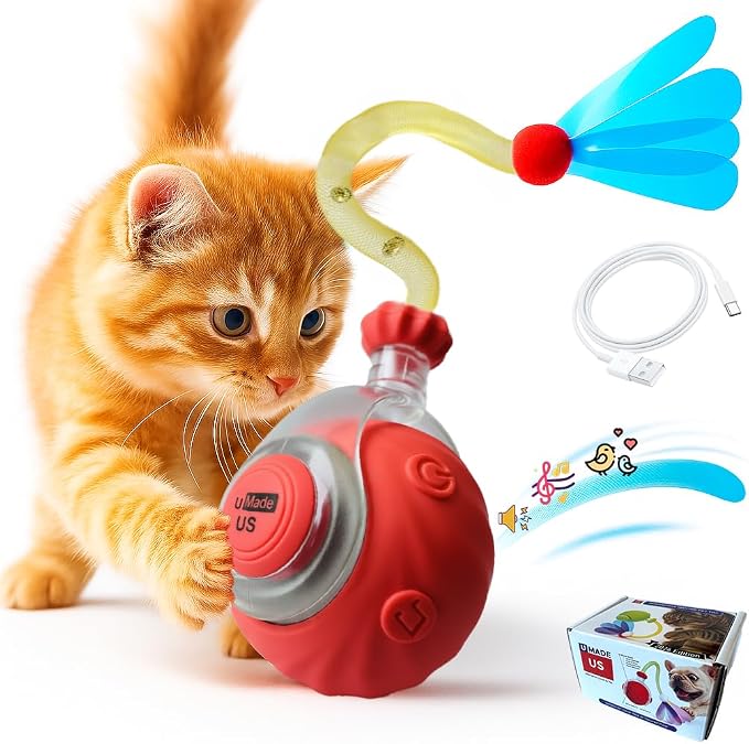 Interactive Cat Ball Toy with Tail for Indoor Cats Kittens – 2026 - Automatic Smart Rolling Motion Pet Exercise for Small Dogs | Rechargeable Motion-Activated, USB Charging Self-Play (RED)