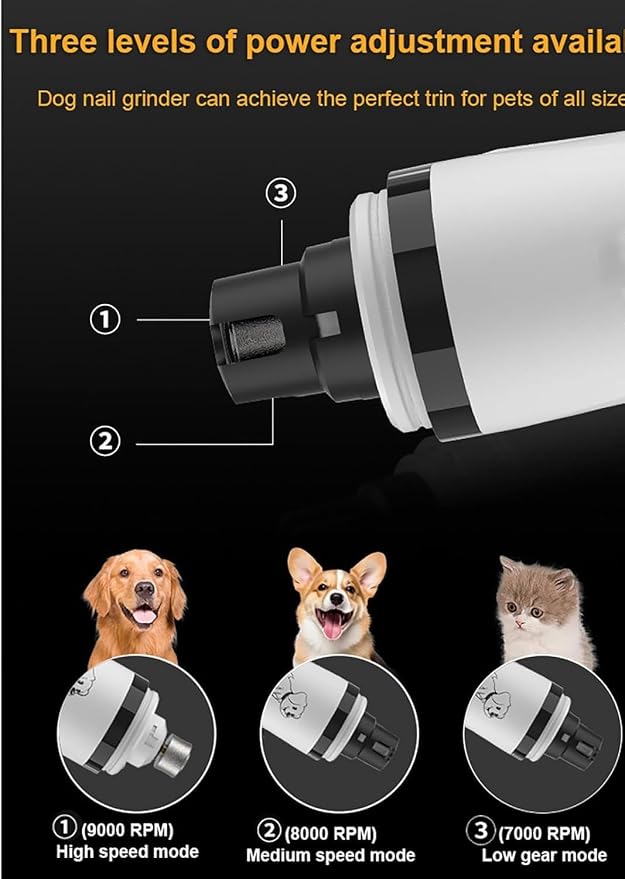 Nail Grinder, Upgraded Silent Dog Nail Grinder, Cordless Grooming Pro Nail Grinder with 3 Adjustable Speeds & Led Light Pet Nail Grinders for Dog Cat Home Use(1pc+2 Heads) 1