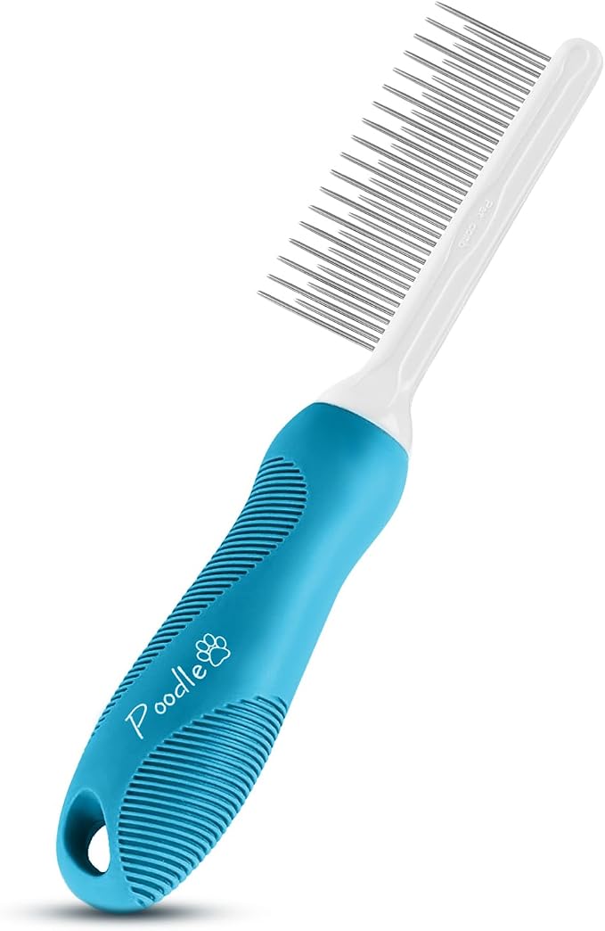 Poodle Pet Bundle - Dematting Fur Rake Comb Brush Tool with Steel Safety Blades and Detangling Pet Comb with Long and Short Stainless Steel Teeth for Detangling Matted or Knotted Undercoat Hair (Blue)