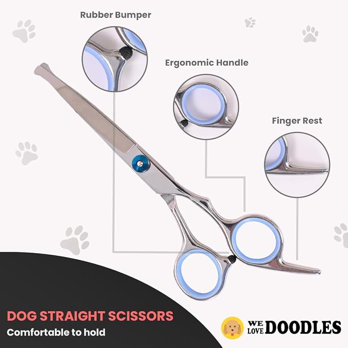 We Love Doodles Rounder Tips Dog Grooming Scissors Kit & Pin Dog Brush - Straight, Curved & Thinning Shear Professional Grade Steel, Dog Brush for Shedding and Removing Loose Fur