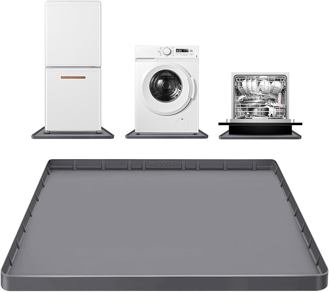 Large Thickened Washing Machine Mat 30" x 28" Silicone Under Washer and Dryer Drain Pan Drip Tray Floor Protector Non-Slip Flexible Soft Mat Waterproof Raised Edge 0.98'' Dark Gray