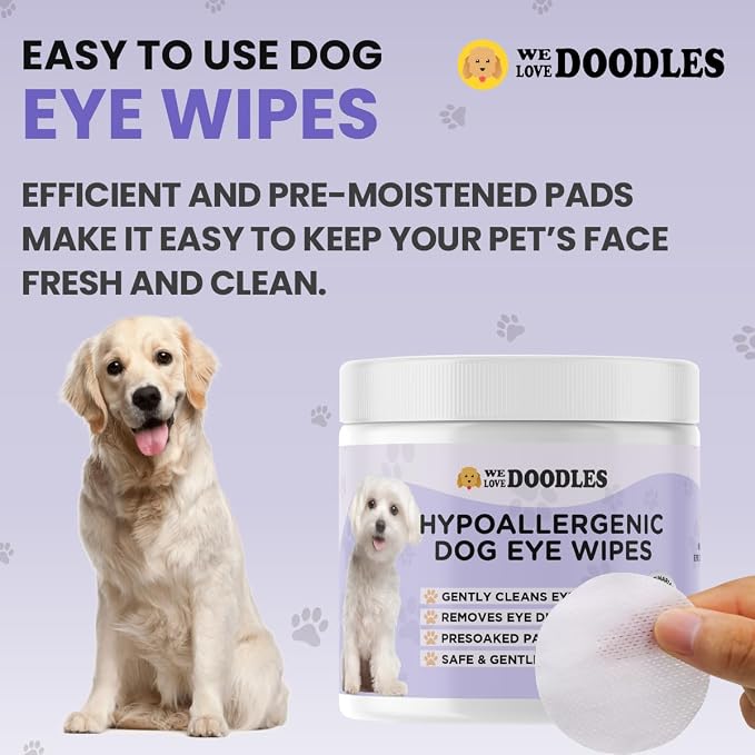 We Love Doodles Dog Eye Wipes & Dog Slicker Brush - Pre-Soaked Eye Wipes for Dogs, Tear Stain Remover for Dogs, Pet Eye Wipes, Long Pin Brush for Dematting, Dog Brush for Grooming Pet Hair
