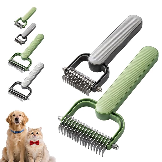 Double Sided Dematting Comb for Dogs Cats, 2026 Upgrade Undercoat Rake Pet Grooming Brush, Deshedding Tool Removes Tangles Knots and Loose Fur for Thick Coats Long Hair Pet (Green S*Gray L)