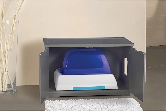 Merry Products Adjustable Pet Cat Washroom Storage Bench Furniture with Removable Partition Wall for All Size Litter Boxes, Gray