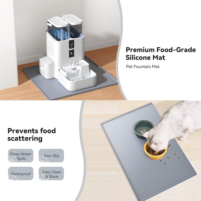Cat Food Mat for LALAHOME Water Fountain, 100% Waterproof Non-Slip Silicone Mat for Water Bowls, Large Pet Feeding Pad, Easy Clean Durable Placemat for Cat Food Water Dishes, Gray 23.6" x 19.7"