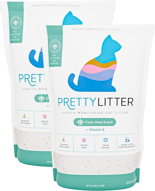 PrettyLitter Health Monitoring Cat Litter (Calm Aloe, Non Clumping) | Lightweight & Low Tracking, Color Changing Silica Gel Crystals, Advanced Odor Control — 6 Lbs, Pack of 2 (Up to 2 Month Supply)
