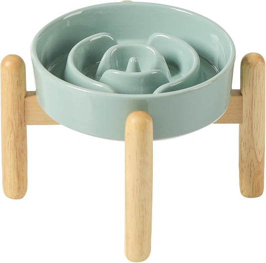 Havniva 6.1” Raised Slow Feeder Dog Bowls, 0.9 Cups Ceramic Dog Bowl Slow Feeding for Small Breed, Elevated Puzzle Dog Food Bowl with Wooden Stand Non-Slip Anti-Gulping & Anti-Choking