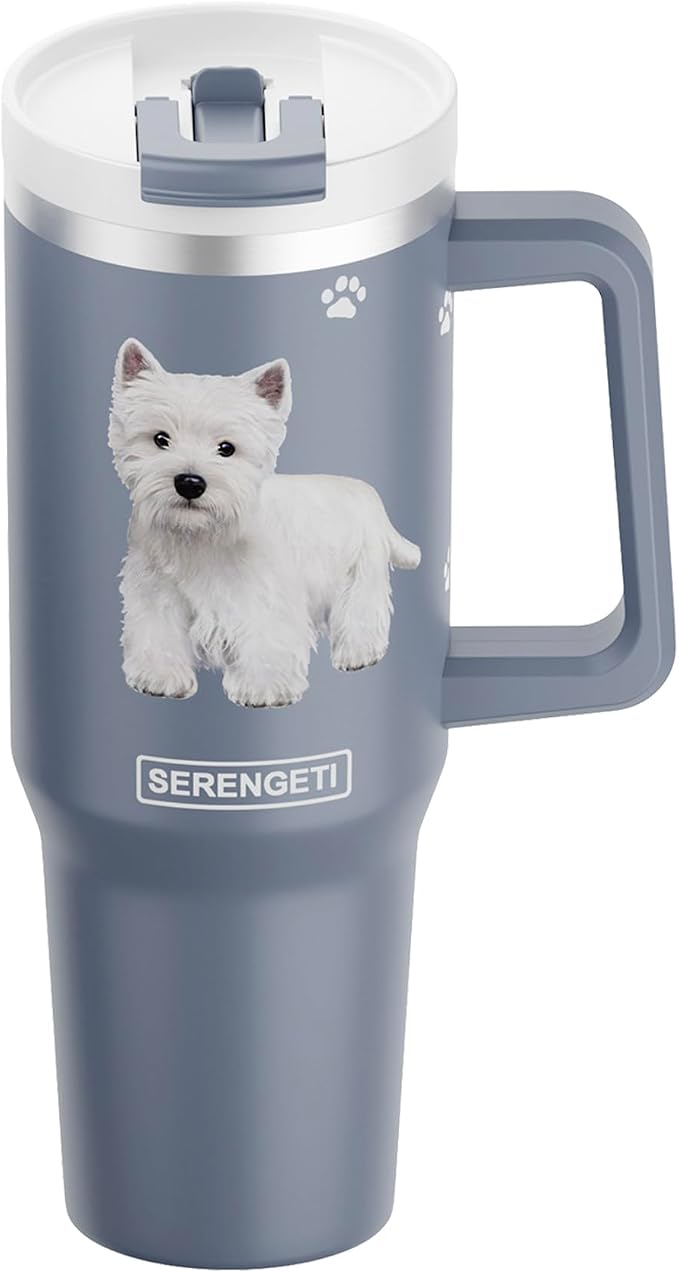 E&S Pets SERENGETI 40 Oz Ultimate Tumbler with Handle and Straw - Vacuum Insulated Tumbler with Straw and Lid - Stainless Steel Travel Mug for Pet Lovers - 3D Designs of your favorite Dog (Westie)