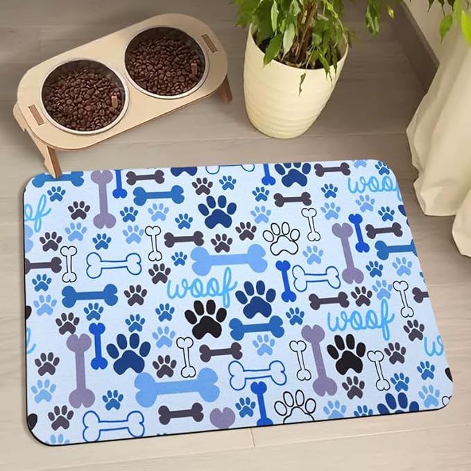 Dog Food Mats for Floors Waterproof, Pet Water Bowl Mats Pet Feeding Absorbent Placemats Blue 16 * 24 inch