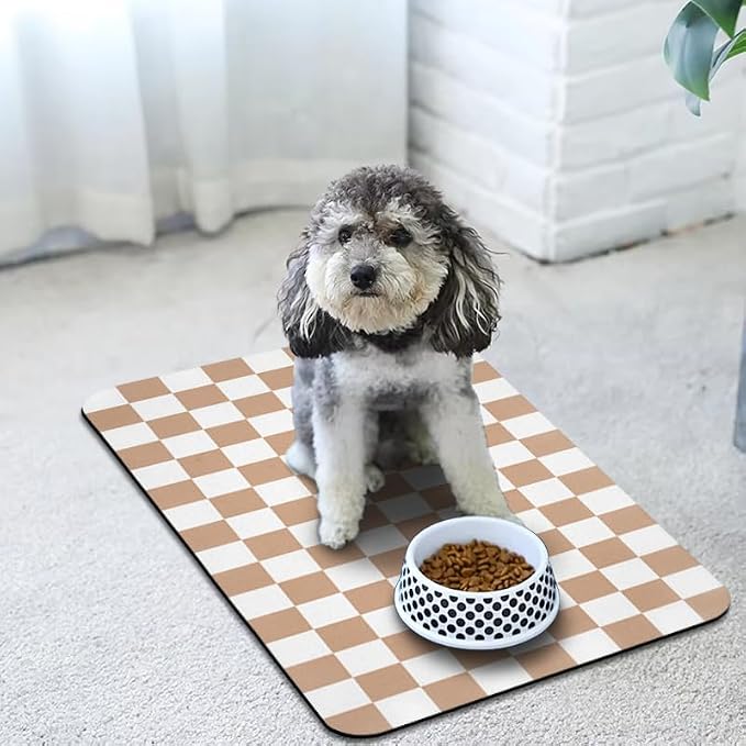 Dog Food Mats for Floors Waterproof, Pet Water Bowl Mats Pet Feeding Absorbent Placemats Plaid 17 * 30 inch