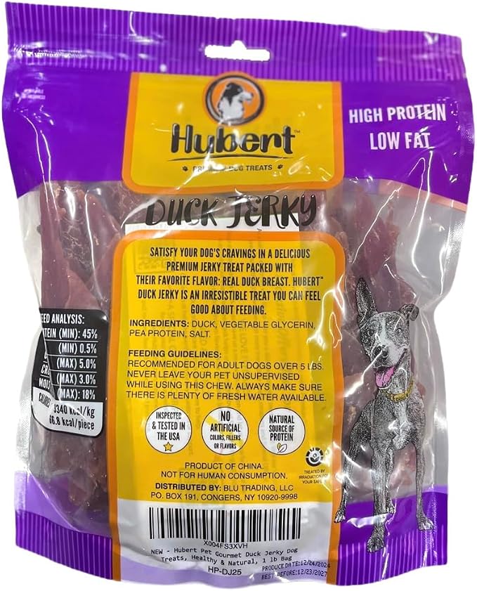 Hubert Pet Duck Jerky Dog Treats, Grain Free, High Protein, Low Fat, 1 lb