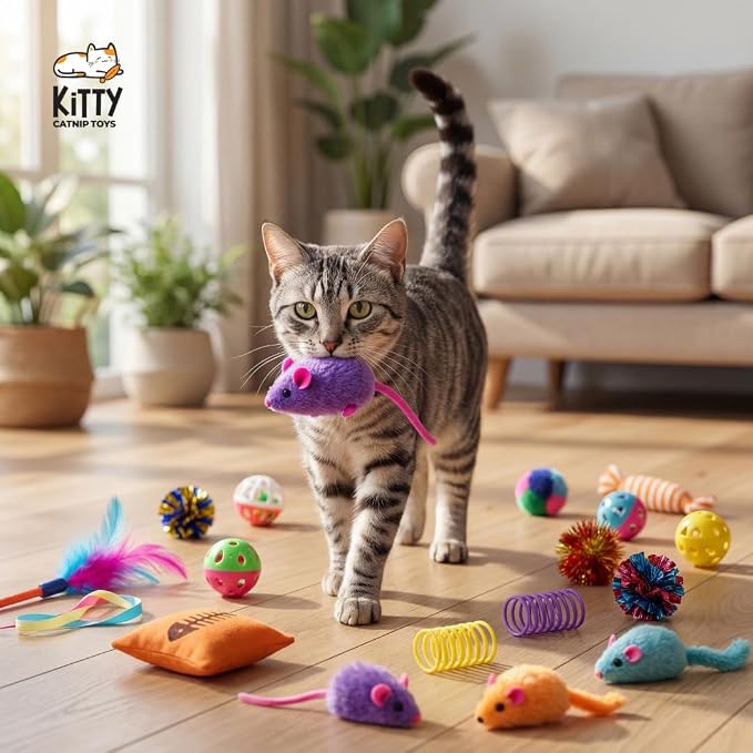 Kitty Catnip Toys- 30 Interactive Cat Toys for Indoor Cats & Kittens – Crinkle Balls, Sparkle Pom Pom Balls, Spiral Springs, Cat Mice, Teaser Wand, Kitten Toys, Cat Accessories - Variety Pack