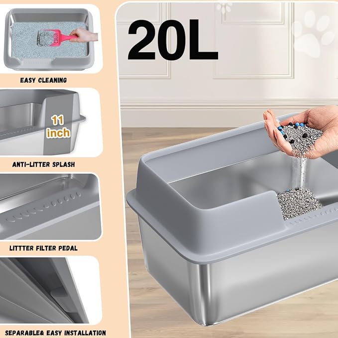 Stainless Steel Cat Litter Box with Lid, High Side Litter Box Enclosure, Enclosed Litter Box for Big and Small Cats (One Size)