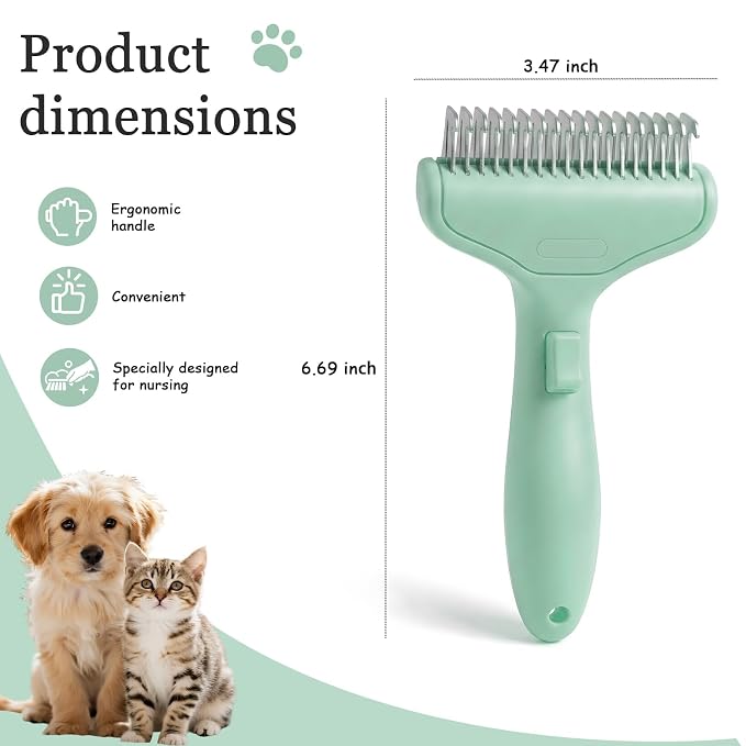 Dog Brush and Cat Deshedding Rake, Pet Grooming Tool for Shedding with Rounded Stainless Steel Teeth, Comfortable Grip for Long or Thick Coats (Style 2 Green)
