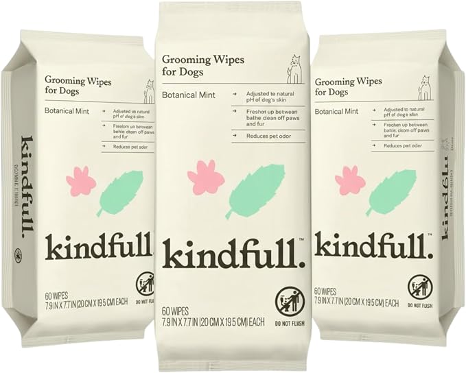 Dog Grooming Wipes – 3 Pack (180 Total), Botanical Mint Scent – Gentle, pH-Balanced Pet Wipes for Paws & Fur – Plant-Based, Alcohol-Free – 7.9" x 7.7" Each