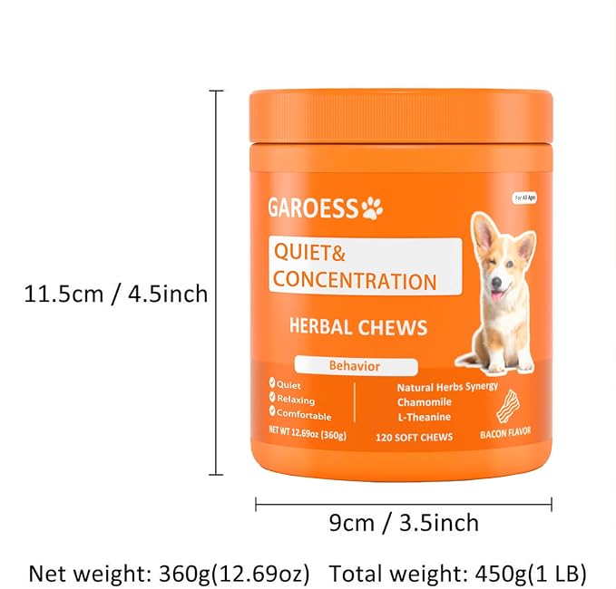 Quiet & Concentration Herbal Chews for Dogs, Behavior Support Supplement with Chamomile, L-Theanine, Valerian Root, ashwagandha, Bacon Flavor, Large container-120 Soft Chews, 12.69 oz (3)