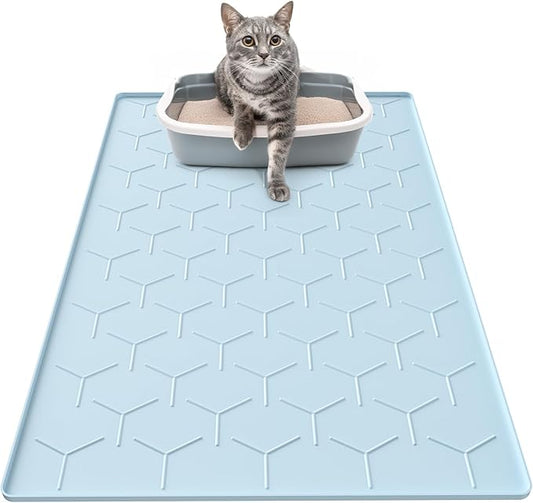 Garoopion Silicone Cat Litter Trapping Mat, Large Waterproof 34" X 22" Cat Litter Box Mat, Easy to Clean, Blue