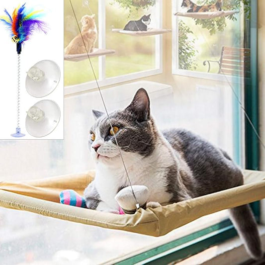 ZALALOVA Window Cat Seat, Cat Window Perch Hammock Space Saving Design w/1Pc Funny Cat Toy 1Pc Extra Suction Cup Window Seat Cat Shelves All Around 360° Sunbath Holds Up to 50lbs for Any Cat Size