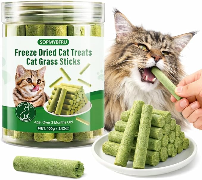 Cat Grass Teething Stick, 100g / 3.52oz Natural Cat Grass Treats for Indoor Cats, Cat Chew Stick for Hairball Cleaning, Appetite Boosting & Dental Health, Edible Cat Toys