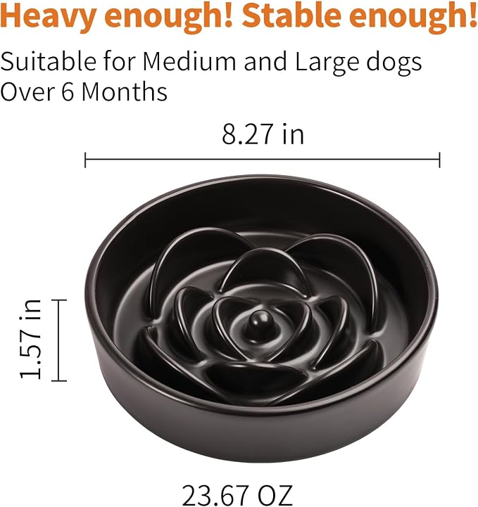 Black Ceramic Dog Bowl Slow Feeder for Medium and Large Breed,Elevated/Raised 1.5 Cup 8.26 in Slow Feeding Bowl,Puzzle Dog Food Bowl for Fast Eater,Maze Dish for Fast Eater