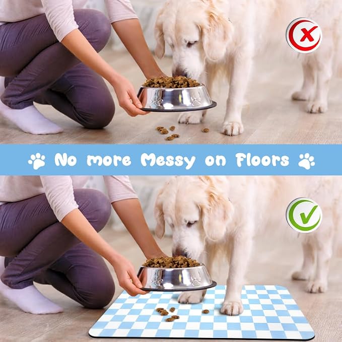 Dog Food Mats for Floors Waterproof, Pet Water Bowl Mats Pet Feeding Absorbent Placemats Plaid 12 * 20 inch