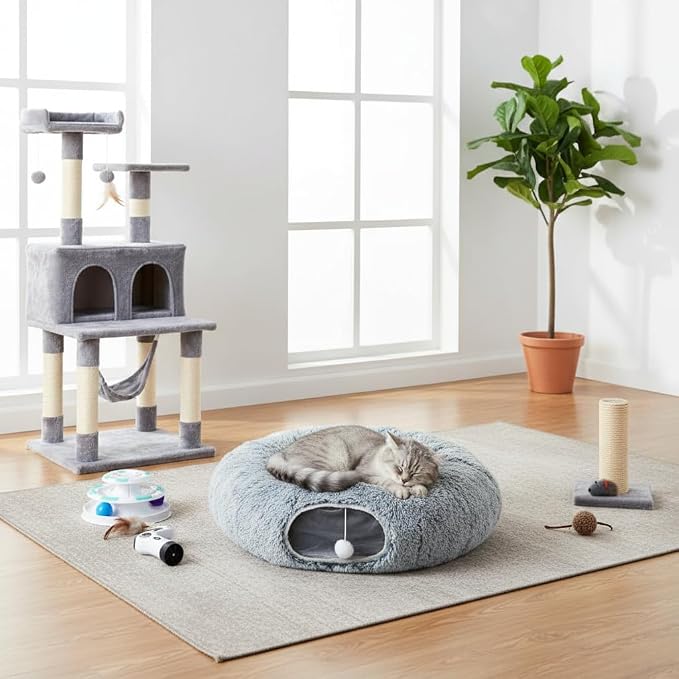 AUOON Cat Tunnel Bed for Indoor Cats - Large Cat Donut Tunnel with Hanging Ball Toy, Collapsible 2-in-1 Multifunctional Interactive Cat Toy for Kitten, Puppy, Rabbit, Ferret (Gray)