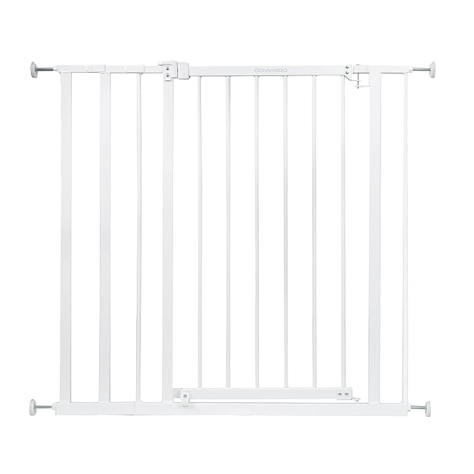 Ozzy & Kazoo Extra Tall Walk-Through Dog Gate, Fits Openings 28.75-39.75” Wide, White Metal Dog Gate, for Doorways and Stairways, 36” Tall