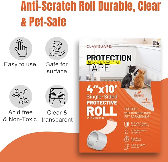 CLAWGUARD Protection Tape Roll – 4 in x 10 ft Single-Sided Scratch Barrier – Door Scratch Protector Dog & Cat – Couch Cat Scratch Protector