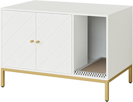 Cat Litter Box Enclosure, Modern Hidden Litter Box Furniture with Scratching Pad, Wooden Cat House Cabinet with Gold Metal Legs, Fit Most of Litter Box, White