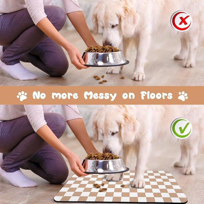 Dog Food Mats for Floors Waterproof, Pet Water Bowl Mats Pet Feeding Absorbent Placemats Plaid 17 * 30 inch
