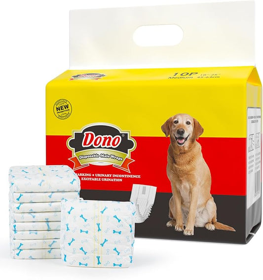 Dono Disposable Male Dog Wraps | Wetness Indicator, Super Absorbent, Leak Protection, For Excitable Urination, Incontinence, or Male Marking