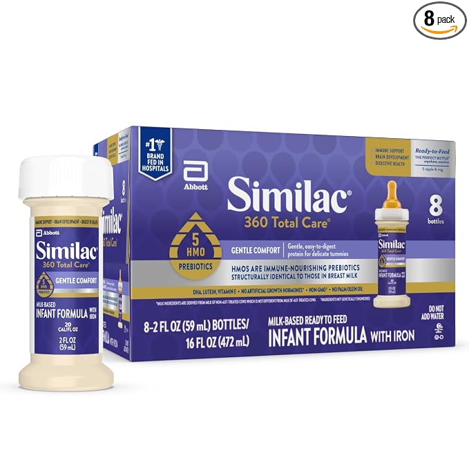 Similac 360 Total Care Gentle Comfort Baby Formula, Easy-to-Digest Formula, Has 5 HMO Prebiotics, Ready-to-Feed Infant Formula, 2-fl-oz Bottle, Pack of 8