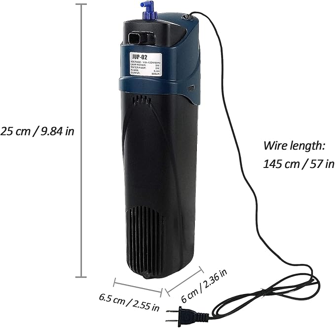 COOSPIDER Fish Tank Filter U-V JUP-02 Submersible Aquarium Filter Green Clean Machine 132gph for 20-60 Gallon Small Fish Tank Internal Pump for Turtle Tank, Air Supply & Oxygen Enhancement