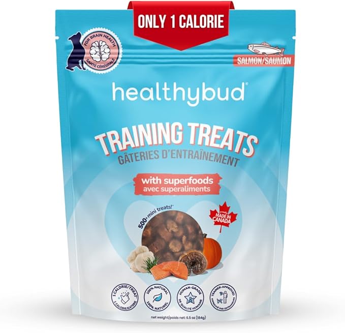 Healthybud Mini Salmon Dog Training Treats – Soft Low Calorie Bites (1 kcal Each) – 500+ Tiny Rewards for Puppies & Small Dogs – Salmon Oil, Lion’s Mane & Reishi – Grain Free – Made in Canada – 6.5 oz