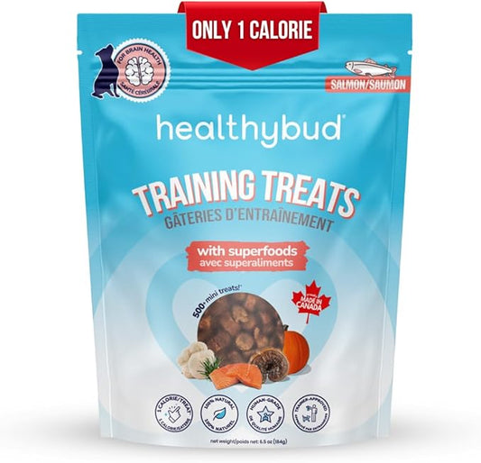 Healthybud Mini Salmon Dog Training Treats – Soft Low Calorie Bites (1 kcal Each) – 500+ Tiny Rewards for Puppies & Small Dogs – Salmon Oil, Lion’s Mane & Reishi – Grain Free – Made in Canada – 6.5 oz