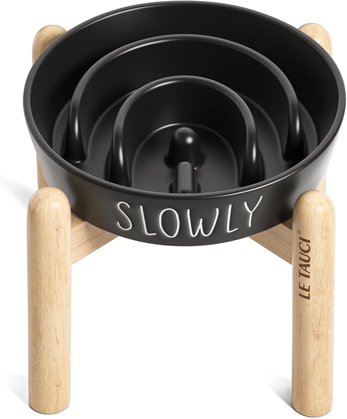 LE TAUCI PET Ceramic Slow Feeder Dog Bowls Elevated, 3 Cups Raised Dog Bowl with Wooden Stand for Medium Large Breed to Slow Down Eating, Puzzle Food Bowl,Black