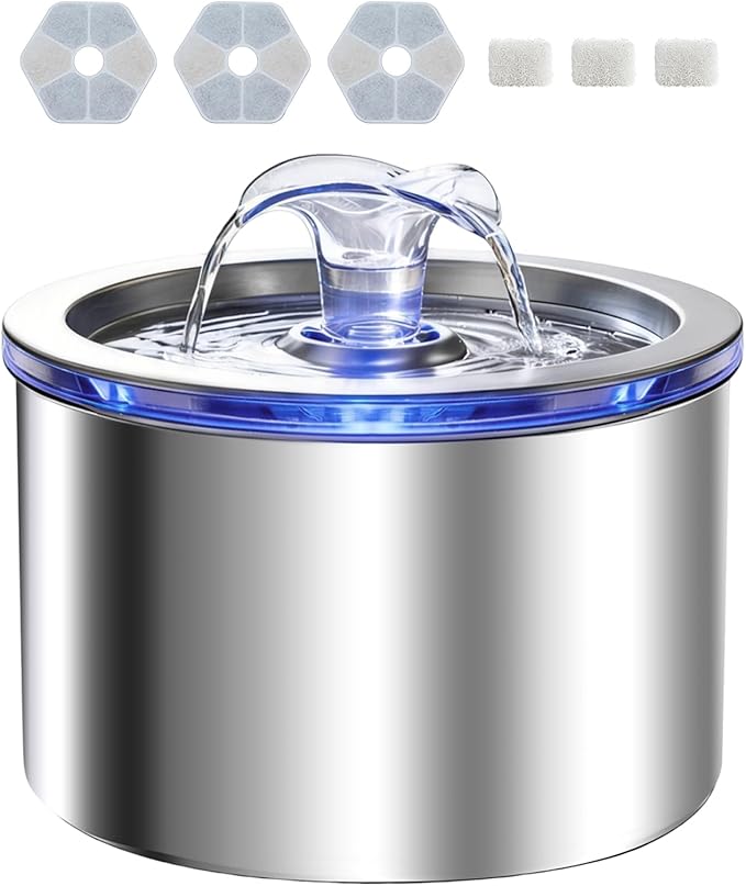 Cat Water Fountain Stainless Steel, 74oz/2.2L Automatic Pet Fountain with 3 Replacement Filters, Ultra Quiet Water Dispenser for Cats Indoor, LED Monitoring Water Level, Easy Clean