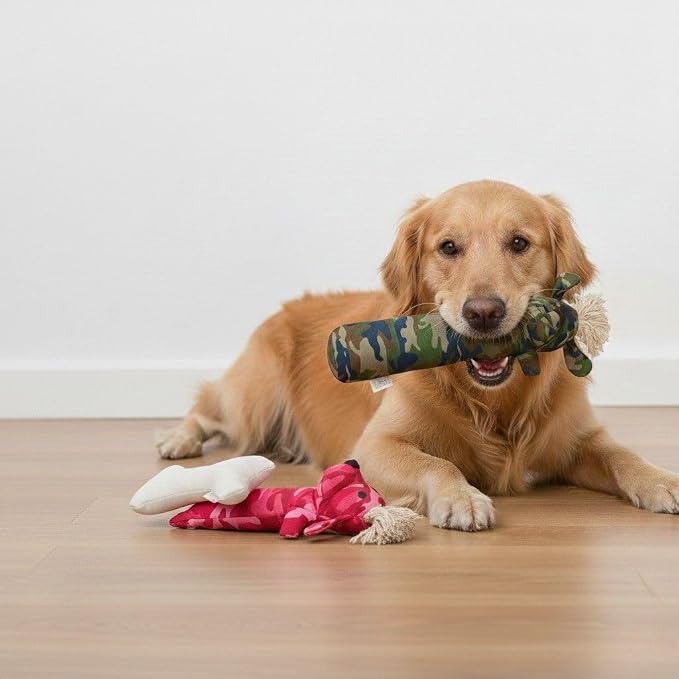 Durable Tough Cotton Canvas Squeaky Dog Toys, Eco-Friendly Interactive3-Pack Chew Toy Set for Small, Medium& Large Dogs, Sarge, T-Bone & Pinky
