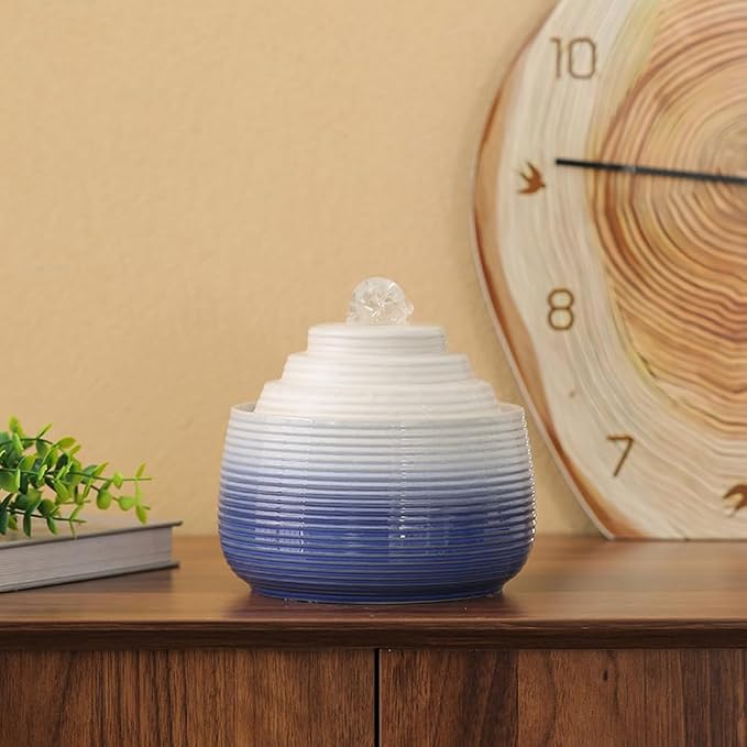 Indoor and Outdoor Fountain Water Feature Fall Ceramic Home Office Decoration mini Tabletop Desktop (Blue with Ball S093)