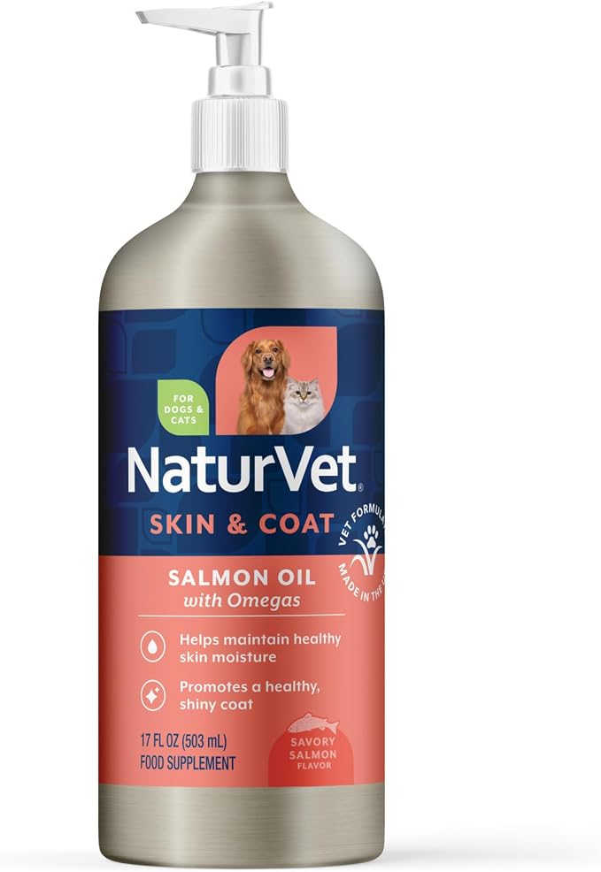 NaturVet – Salmon Oil Skin & Coat Plus Omegas | Supports Healthy Skin & Glossy Coat | Natural Source of Omega-3 & 6 Fatty Acids | for Dogs & Cats (17 oz Oil)