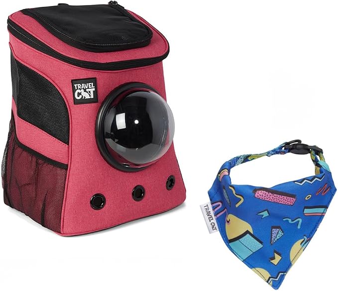 Fat Cat Deep Rose Pink Backpack Carrier with 90s Bandana Collar - Airline Approved Cat Carrier & Retro Accessory