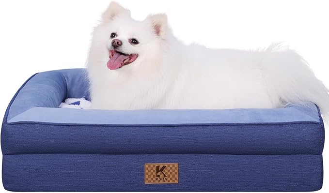 KSIIA Big Dog Bed for Large Dogs, Orthopedic Egg-Crate Memory Foam Pet Bed with Sides, Waterproof Lining and Non Slip Pet Couch with Removable Washable Cover, 36 x 27 Inch, Blue