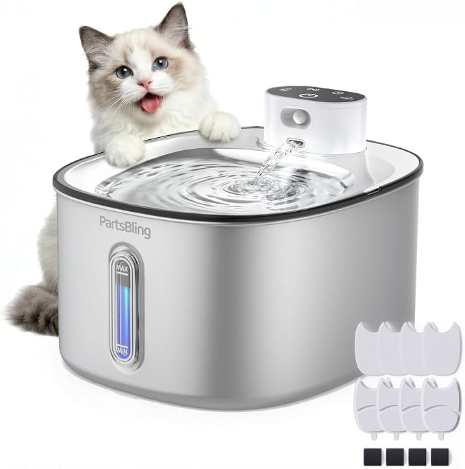PartsBling Cordless Cat Water Fountain Stainless Steel, 4.2L/142oz Battery Operated Pet Fountain, Ultra Quiet Water Dispenser Cats&Dogs, 5000mAh Rechargeable, Easy to Clean, Includes 4 Filters, White