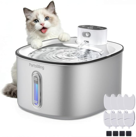 PartsBling Cordless Cat Water Fountain Stainless Steel, 4.2L/142oz Battery Operated Pet Fountain, Ultra Quiet Water Dispenser Cats&Dogs, 5000mAh Rechargeable, Easy to Clean, Includes 4 Filters, White