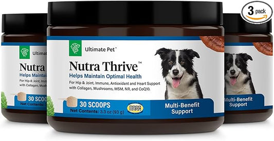Ultimate Pet Nutrition Nutra Thrive Canine, 40-in-1 Nutritional Powder Supplement for Dogs with Digestion and Immune Support, Vitamins, Minerals, Probiotics, Enzymes, 30 Scoops (Pack of 3)